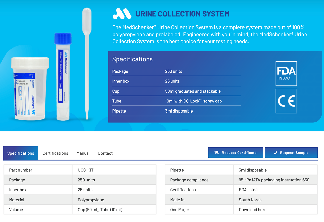 URINE COLLECTION SYSTEM, Cup, Pipette & Tube, FDA listed