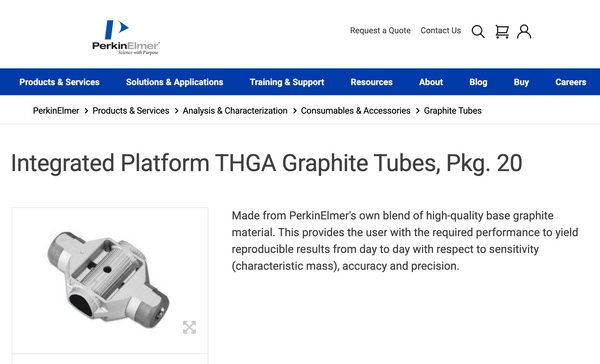 PerkinElmer B0504033 Integrated Platform THGA Graphite Tubes, Pkg. 20