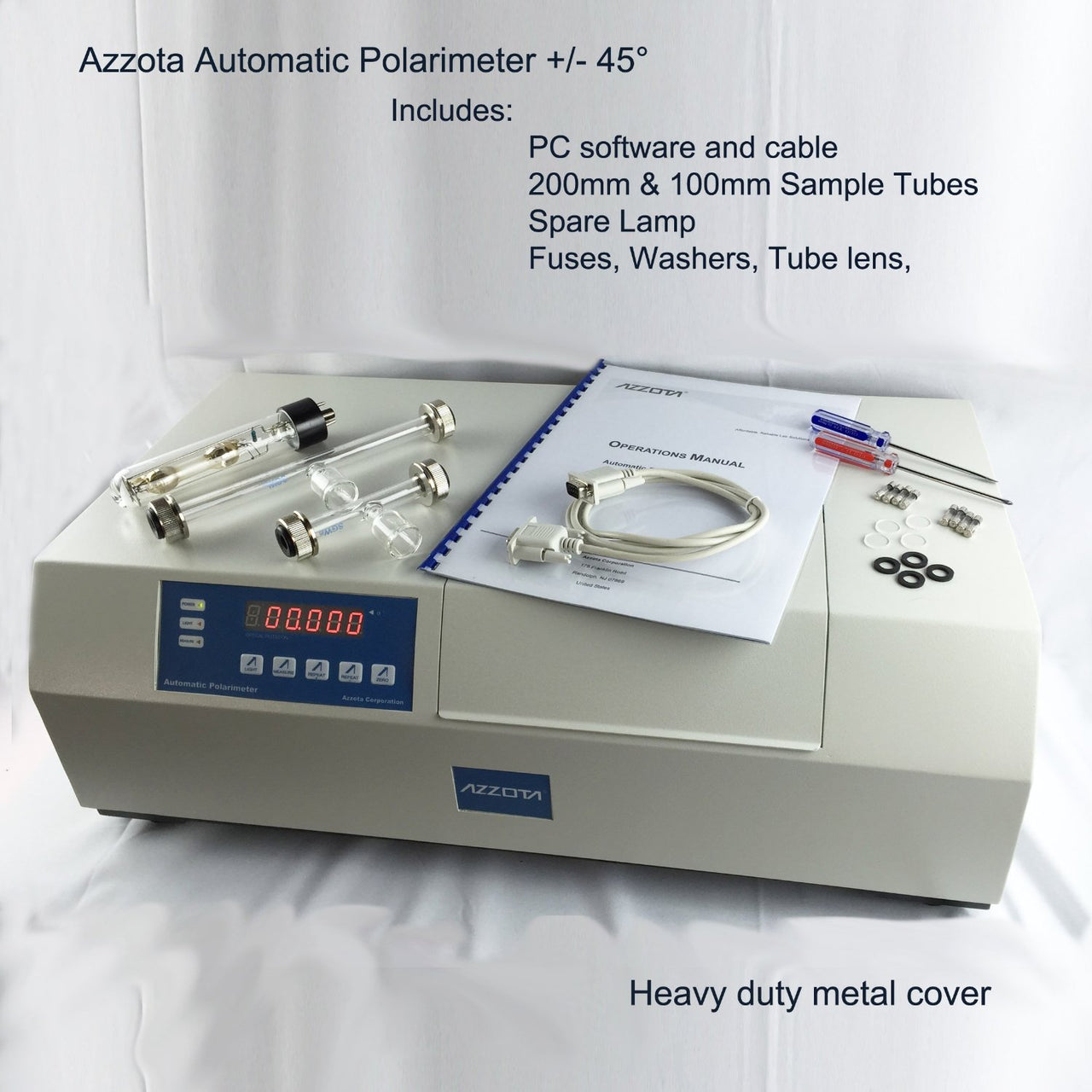 Automatic Polarimeter +/-45' with software includes pc software and cable, 200mm & 100mm sample tubes, spare lamp, fuses, washers, tube lens