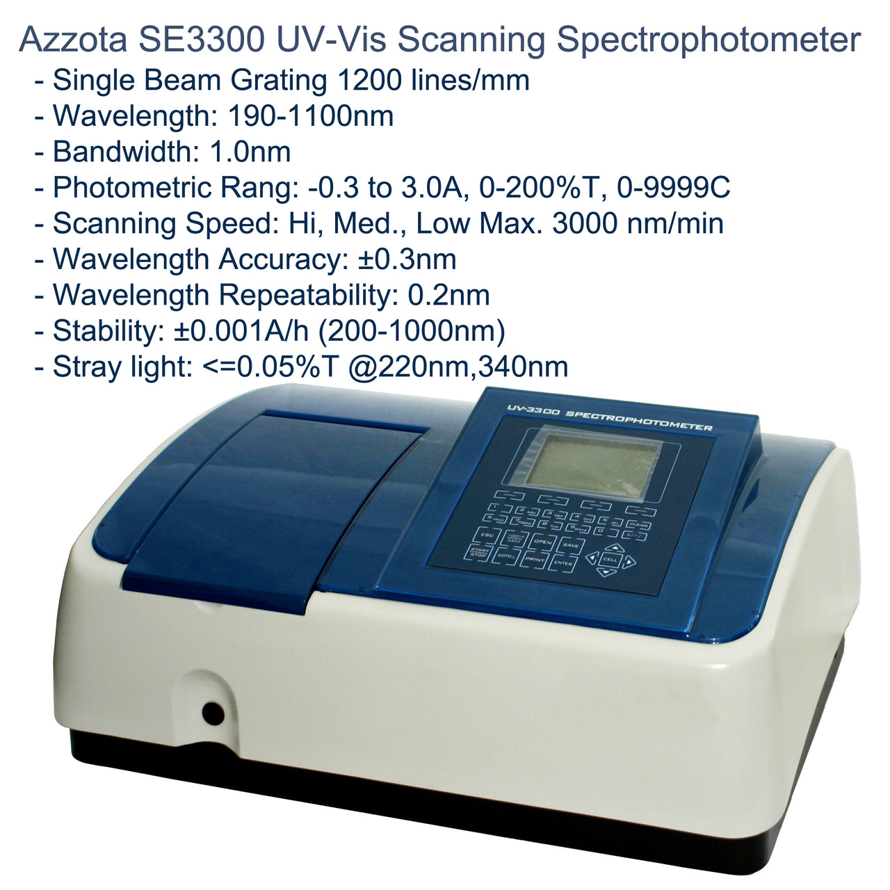 Azzota® Single Beam Scanning Stand-Alone UV-VIS Spectrophotometer, SE3300