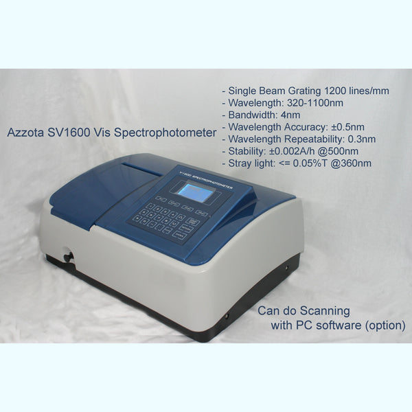 Azzota® Advance Visible Spectrophotometer w/ Software, SV1600PC