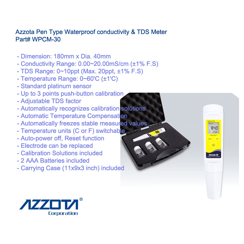 Azzota® Waterproof Conductivity & TDS Pen Meter WPCM-30