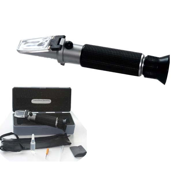 Hand held refractometer x 1 Cleaning cloth x 1 Suction tube for dropping test fluids on the prism x 1 Mini screwdriver for scale calibration x 1 Carrying case with belt loop x 